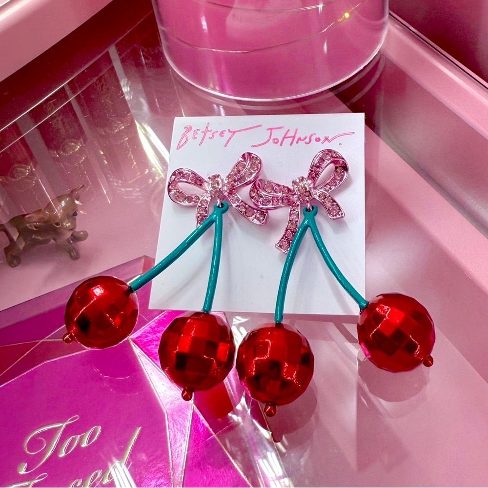Cherry Pink Glitter Bow Earrings Betsey Johnson Spring Summer Fashion Coquette